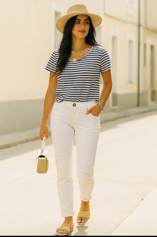 Jeans donna pantalone bianco a gamba diritta, cotone , bottone gioiello