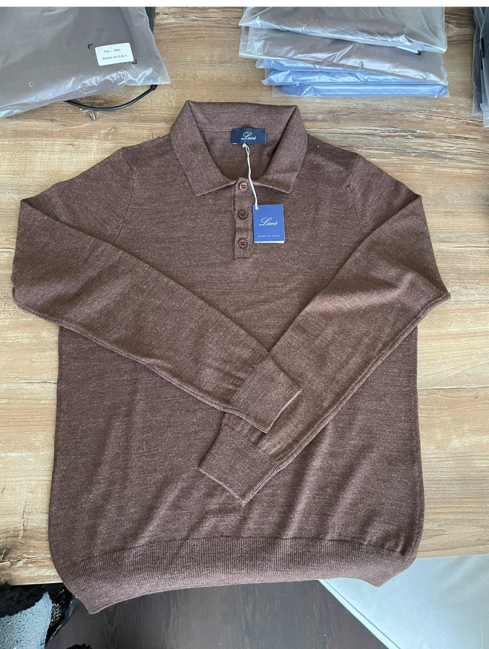 Lanè polo uomo in lana marrone Made in Italy