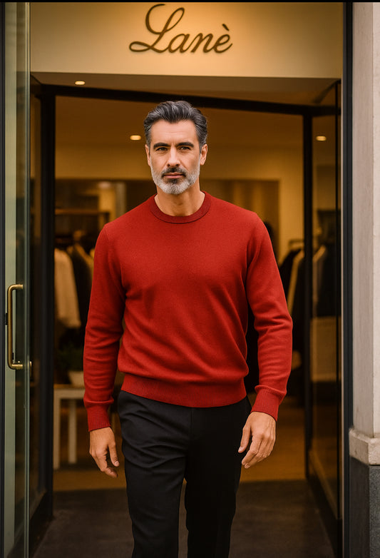 Maglia Cashmere e lana uomo colore mattone Lanè, girocollo , made in Italy
