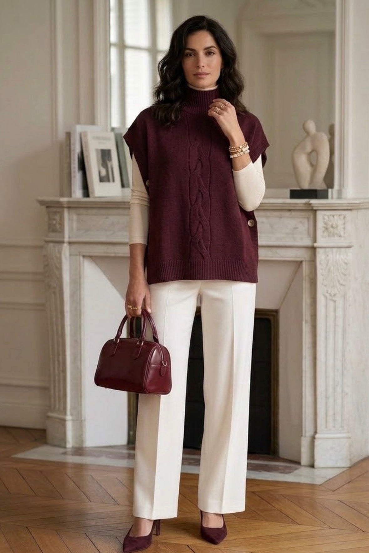 Maglia Poncho Donna Lana Rasata bordeaux Mezzo Collo Giromanica After