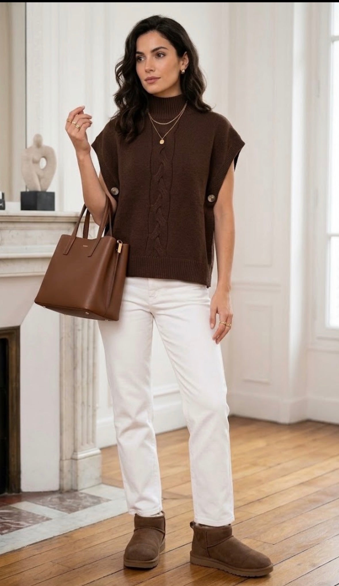 Maglia Poncho Donna Lana Rasata marrone Mezzo Collo Giromanica After