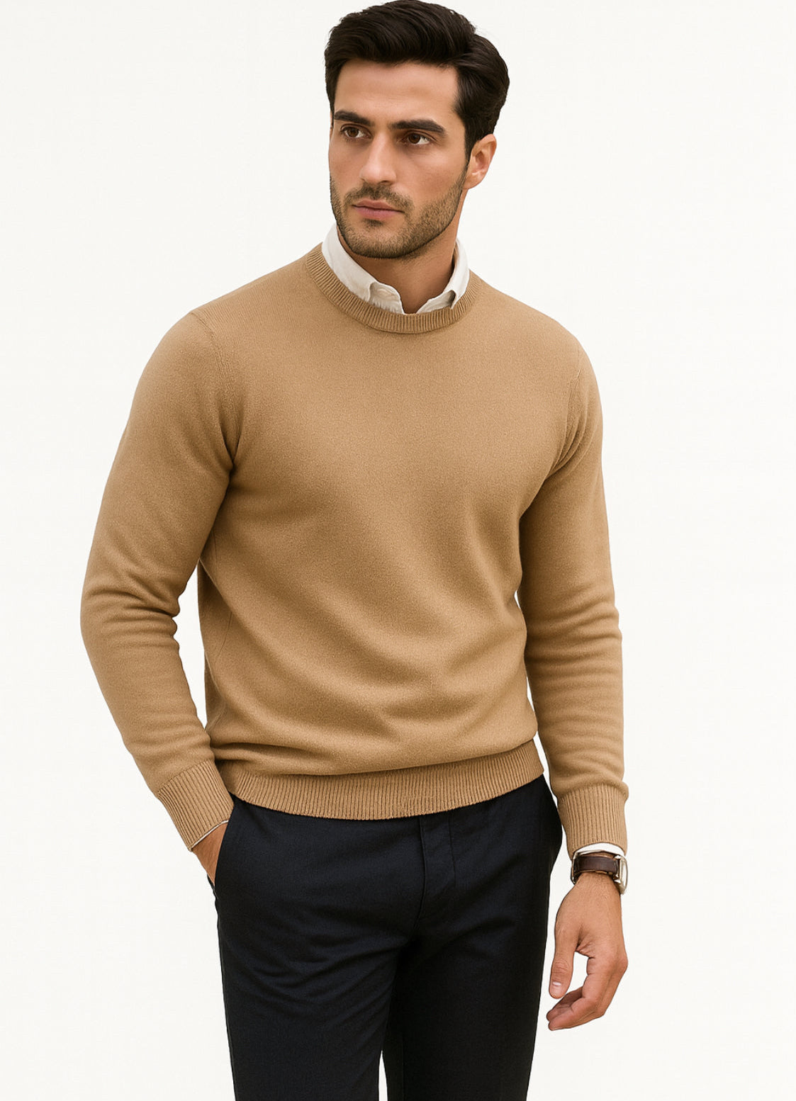 Maglia Uomo Cashmere Company Beige Sabbia Girocollo - Cashmere e Lana Made in Italy