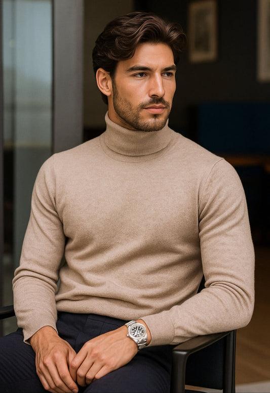 Maglia Uomo Dolcevita Beige Sabbia - Cashmere Lana Seta Made in Italy