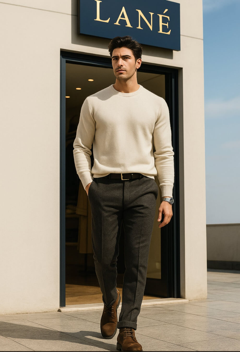 Maglia girocollo uomo sabbia cashmere e lana Made in Italy Lanè