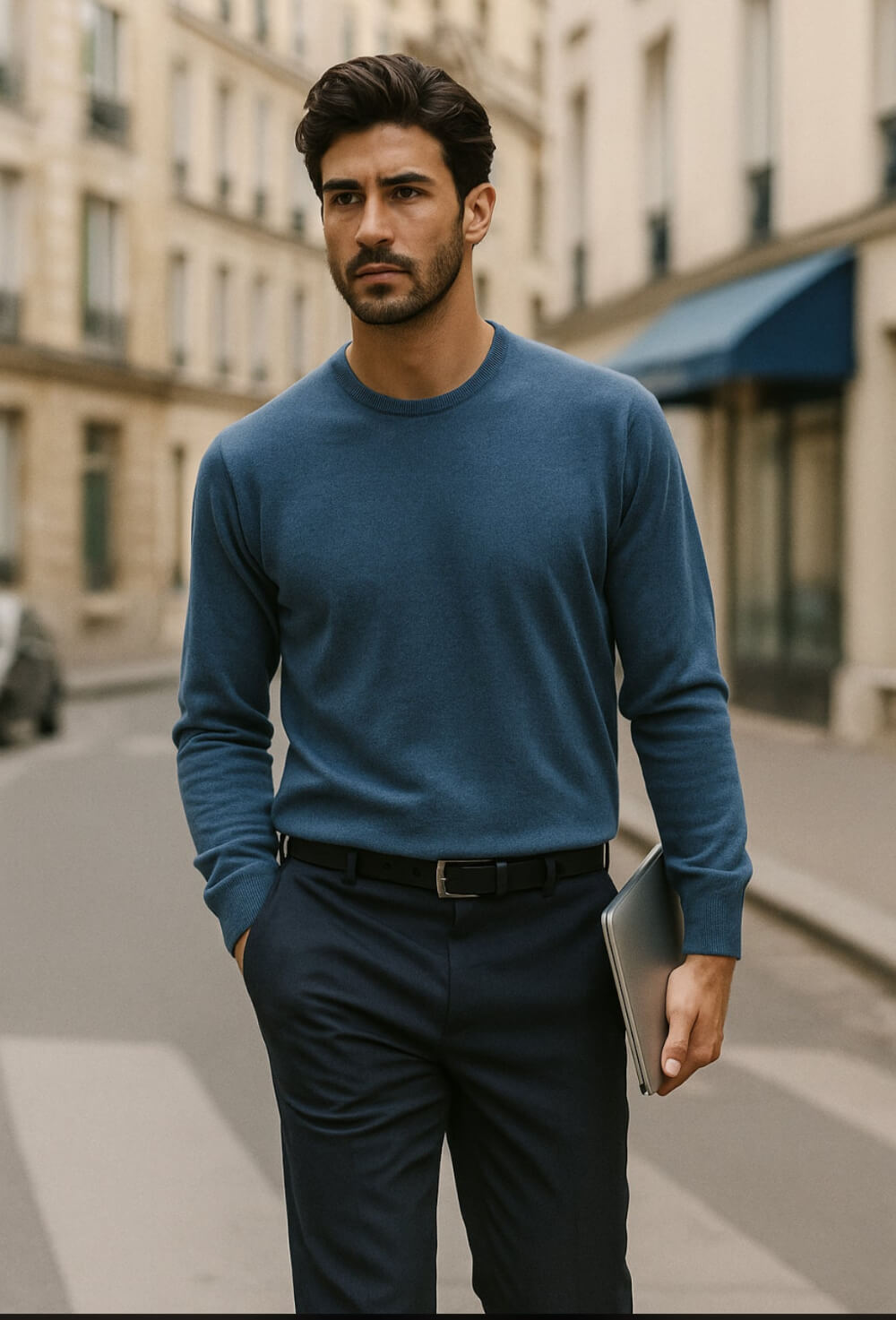 Maglia uomo blu denim girocollo cashmere e lana made in Italy Lané