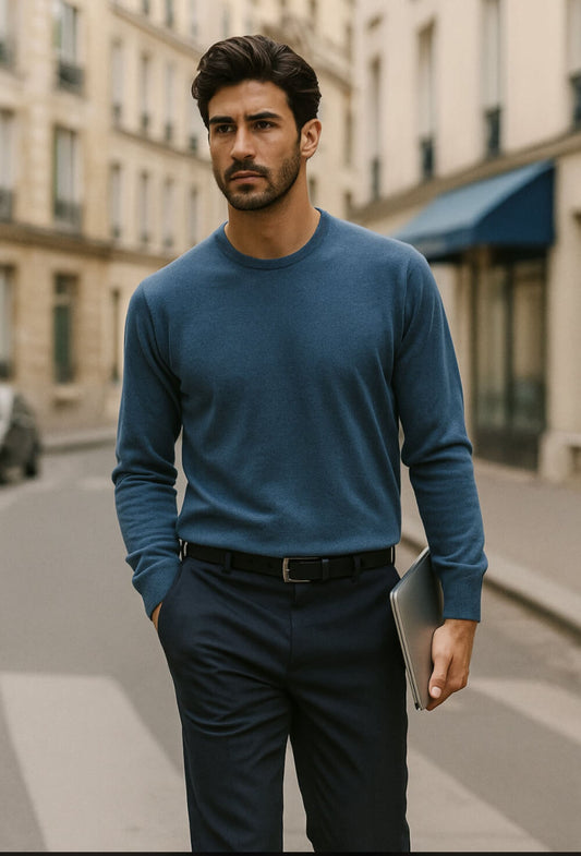Maglia uomo blu denim girocollo cashmere e lana made in Italy Lané