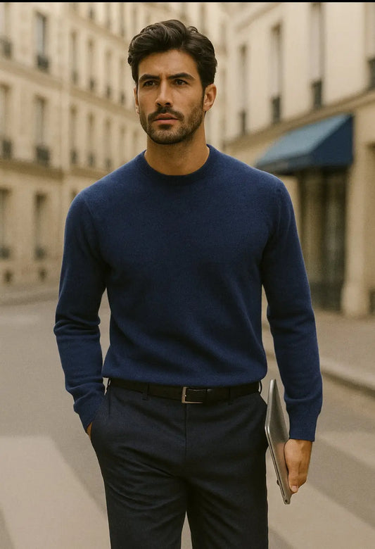 Maglia uomo blu inchiostro girocollo cashmere e lana Made in Italy Lané