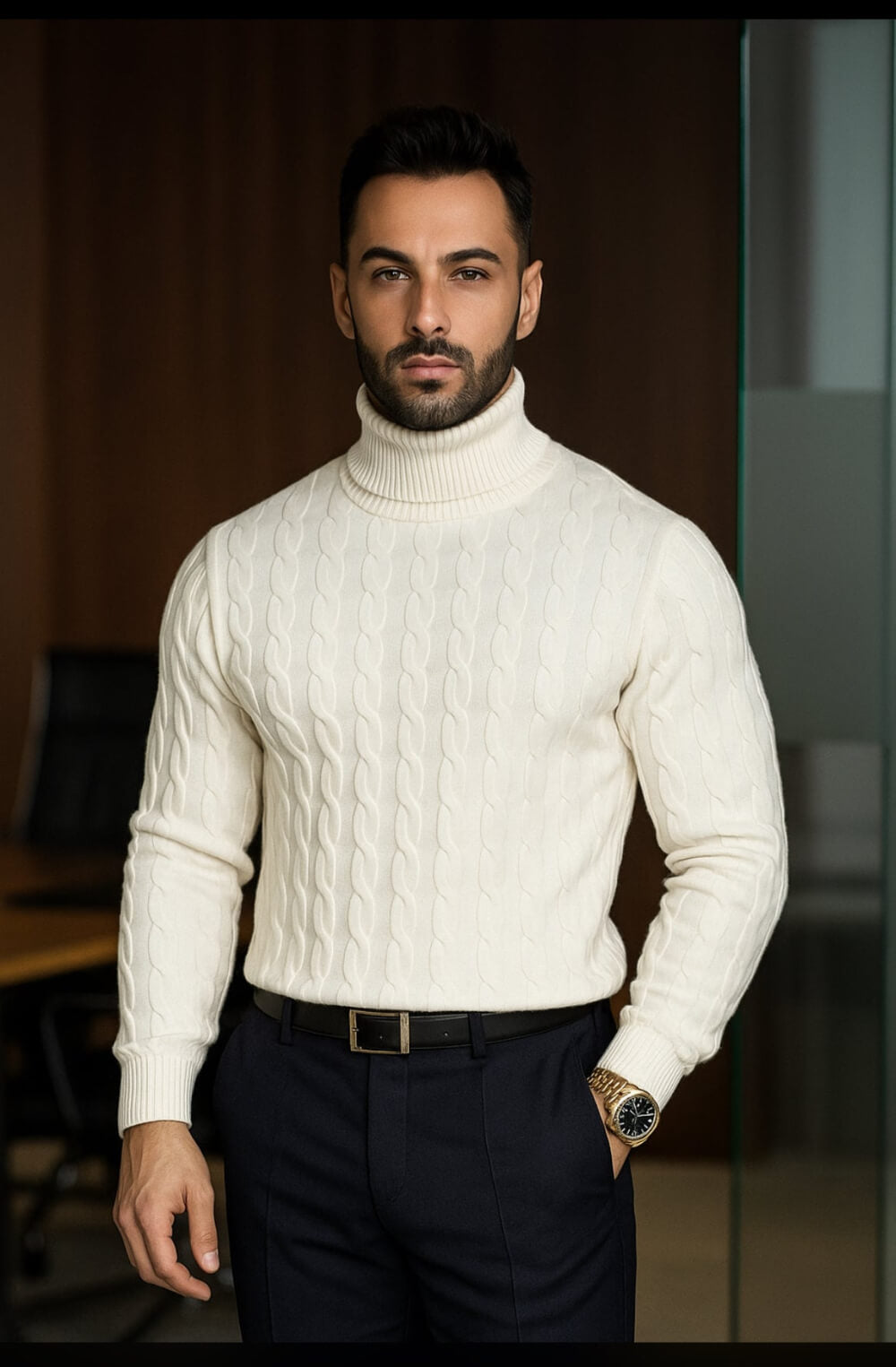 Maglia uomo dolcevita trecce bianco cashmere e lana made in Italy Cashmere Company