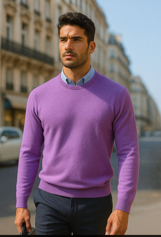 Maglia uomo girocollo lilla cashmere e lana Lané made in Italy