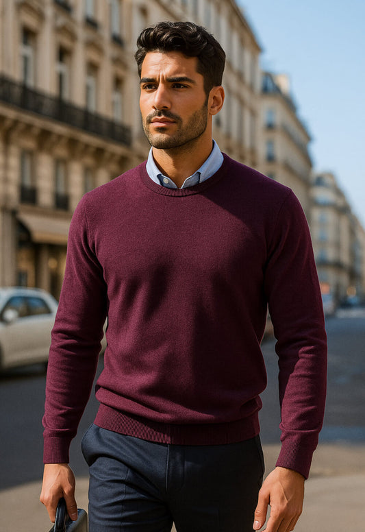 Maglia uomo prugna girocollo cashmere e lana  made in Italy Lanè