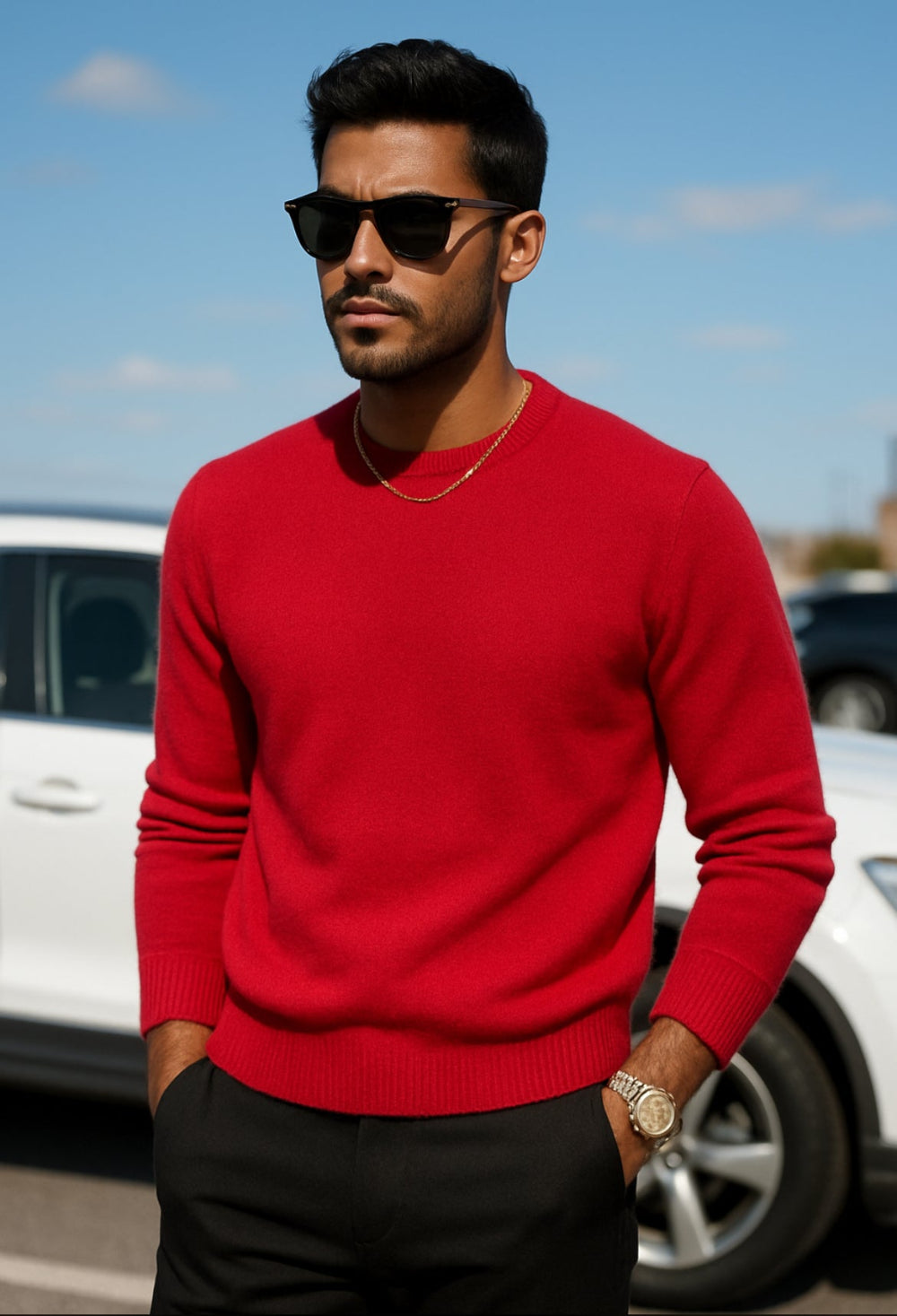 Maglia uomo rosso girocollo cashmere e lana, Made in Italy Lané