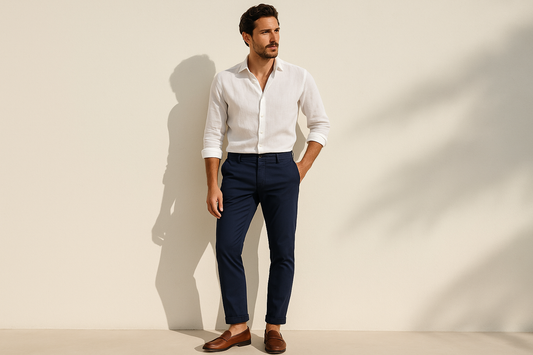 Pantalone Uniform blu navy indossato da modello elegante Pantalone Uomo Blu Navy Uniform Taylor - Cotone Martellato