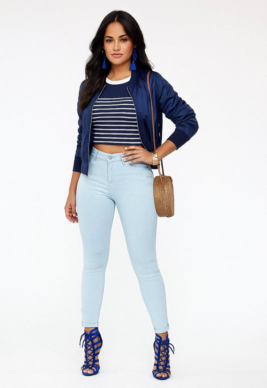 Pantalone donna azzurro , jeans donna a 5 tasche in cotone , estivo