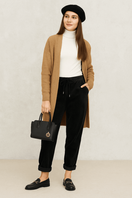 "Pantalone donna in velluto nero a coste con laccetto in vita e tasche laterali"