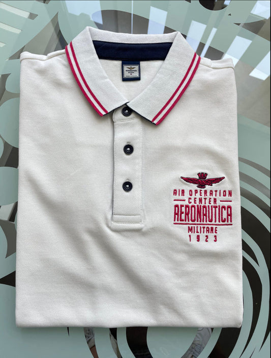 Polo Uomo Bianca Aeronautica Militare con Inserti Rossi - Manica Corta in Cotone Regular Fit