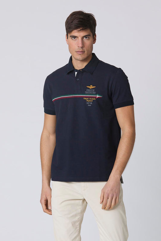 Polo uomo blu Aeronautica Militare Frecce Tricolori con scie tricolori ricamate Made in Italy
