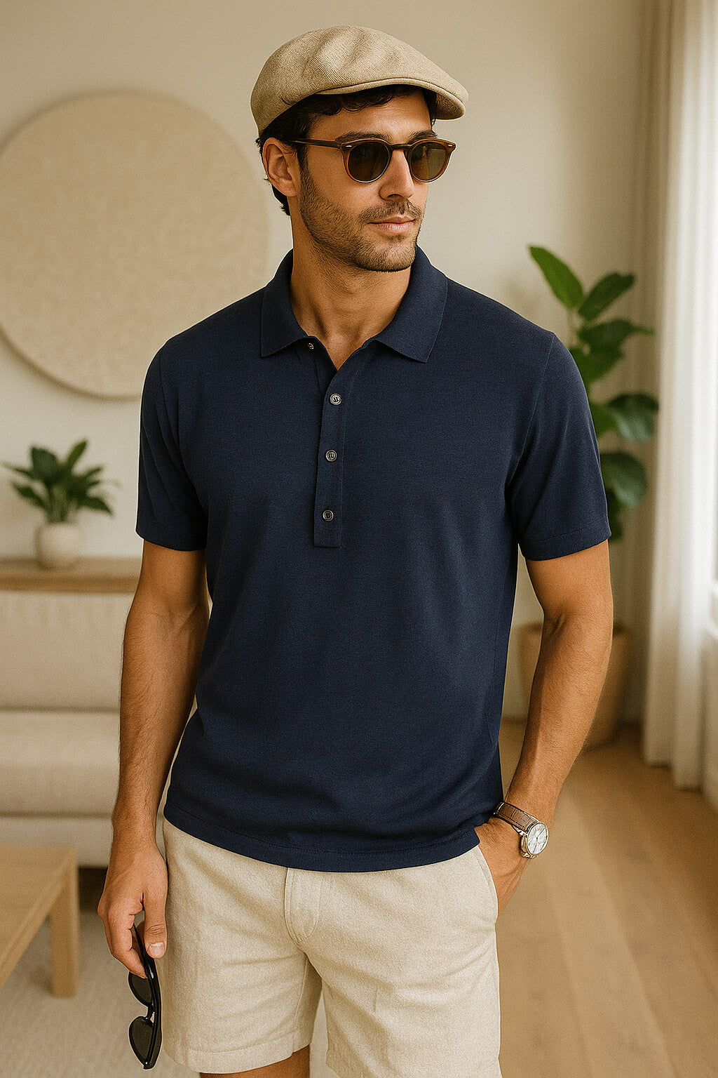 Polo uomo blu  lino e cotone Made in Italy Cashmere Company, manica corta , fresca leggera per le calde sere d'estate 