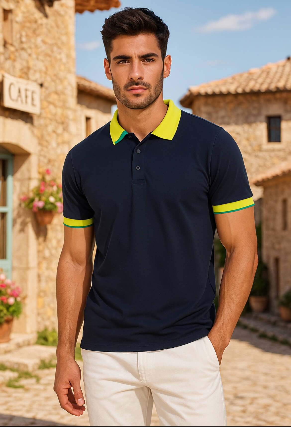 Polo uomo manica corta blu cotone Cashmere Company, inserti fluo