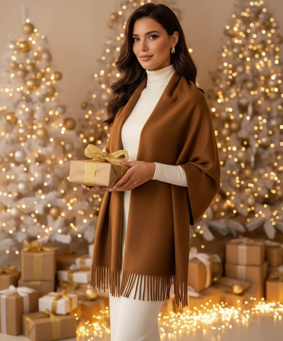 Scialle donna marrone in lana rasata stola sciarpa grande calda 