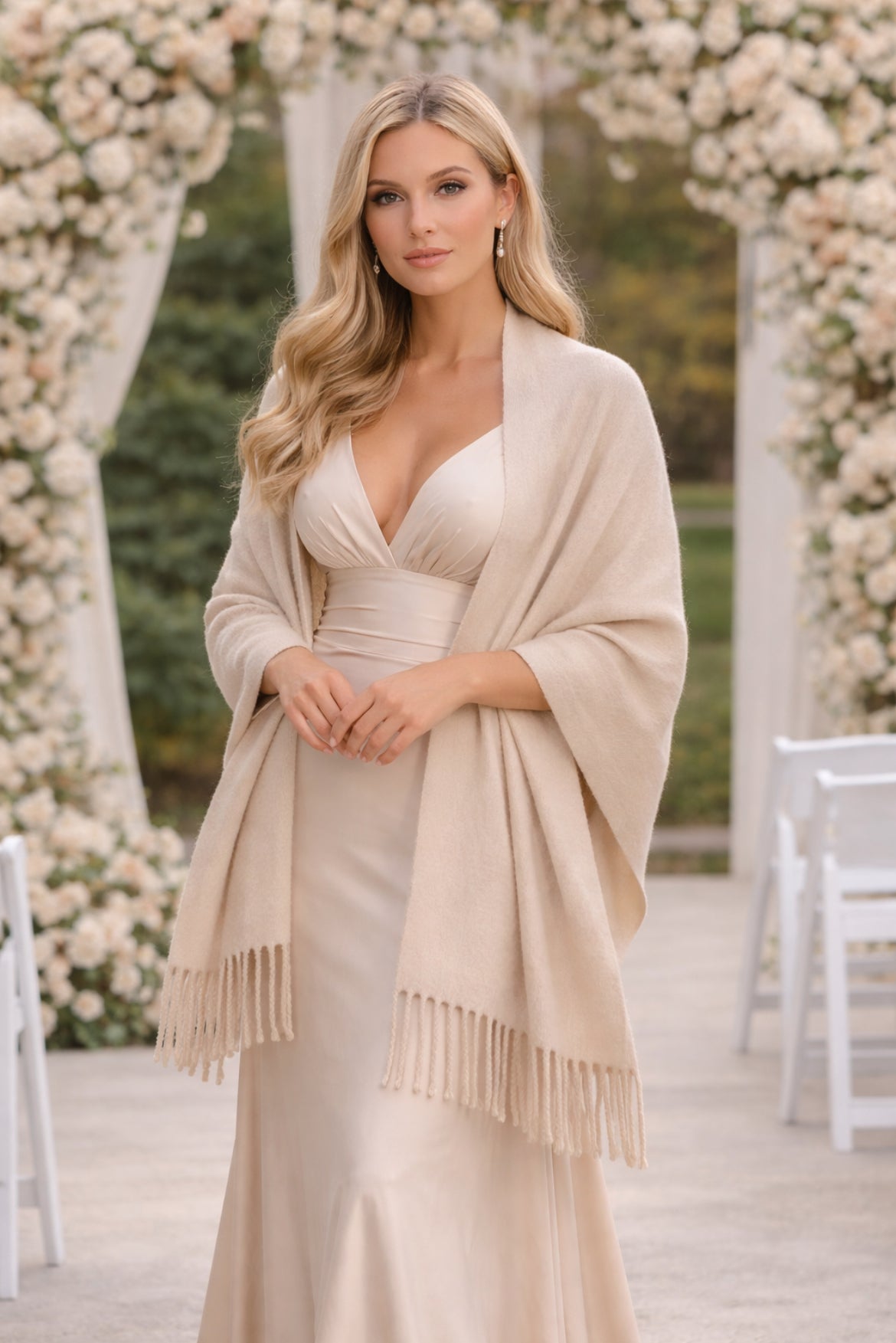Scialle donna stola beige in lana rasata 