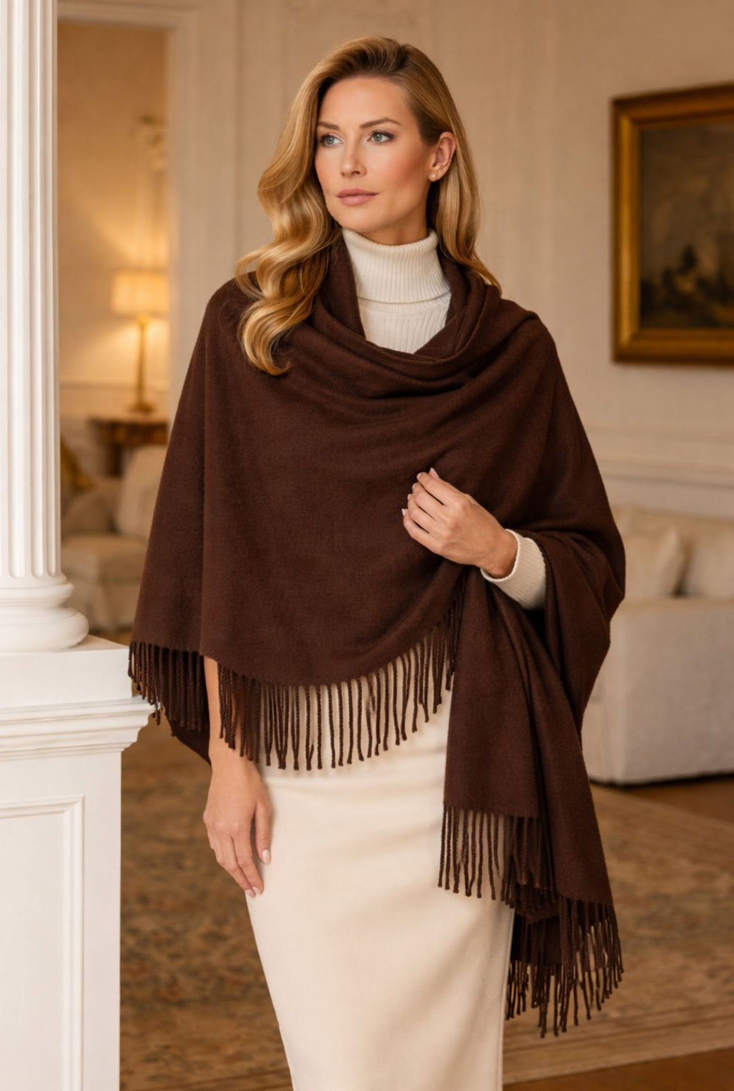 Scialle donna stola grande in lana rasata Marrone 
