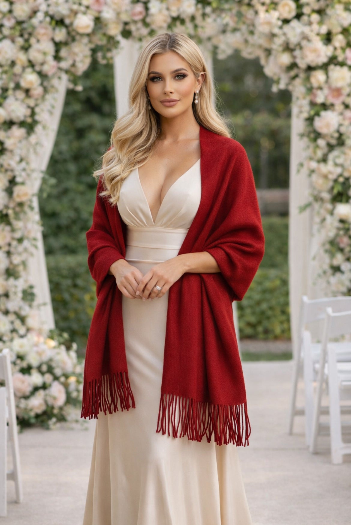Scialle donna stola in lana rasata rosso