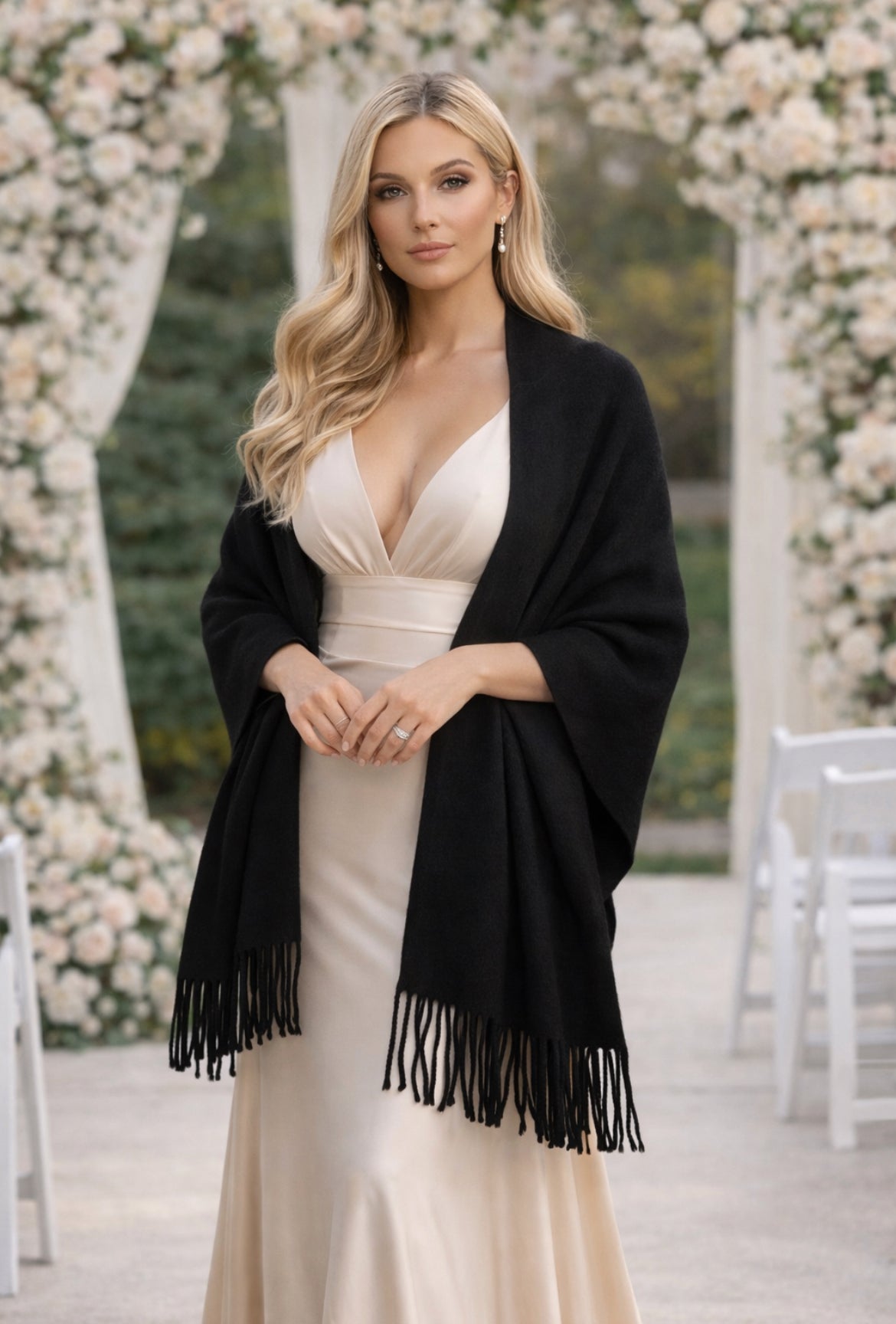 Scialle donna stola Nero  in lana rasata 