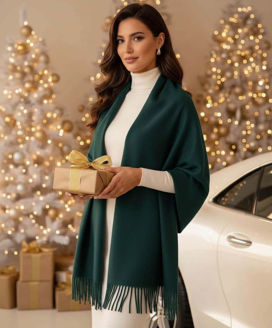 Scialle donna verde petrolio  in lana rasata stola sciarpa grande calda 