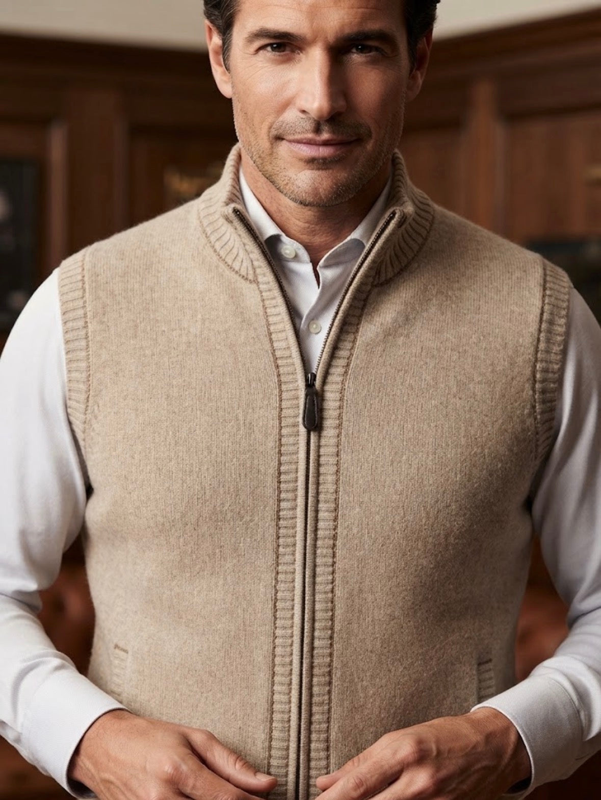 Smanicato uomo  Cashmere e lana Made in Italy Lanè beige con cerniera 