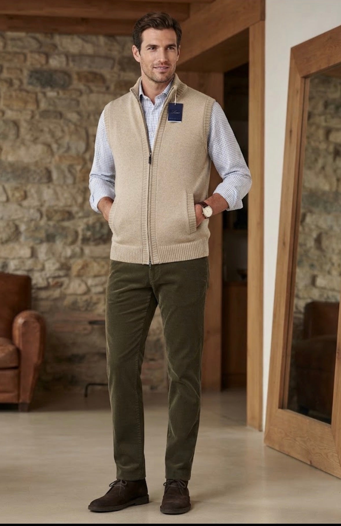 Smanicato uomo  Cashmere e lana Made in Italy Lanè beige con tasche 