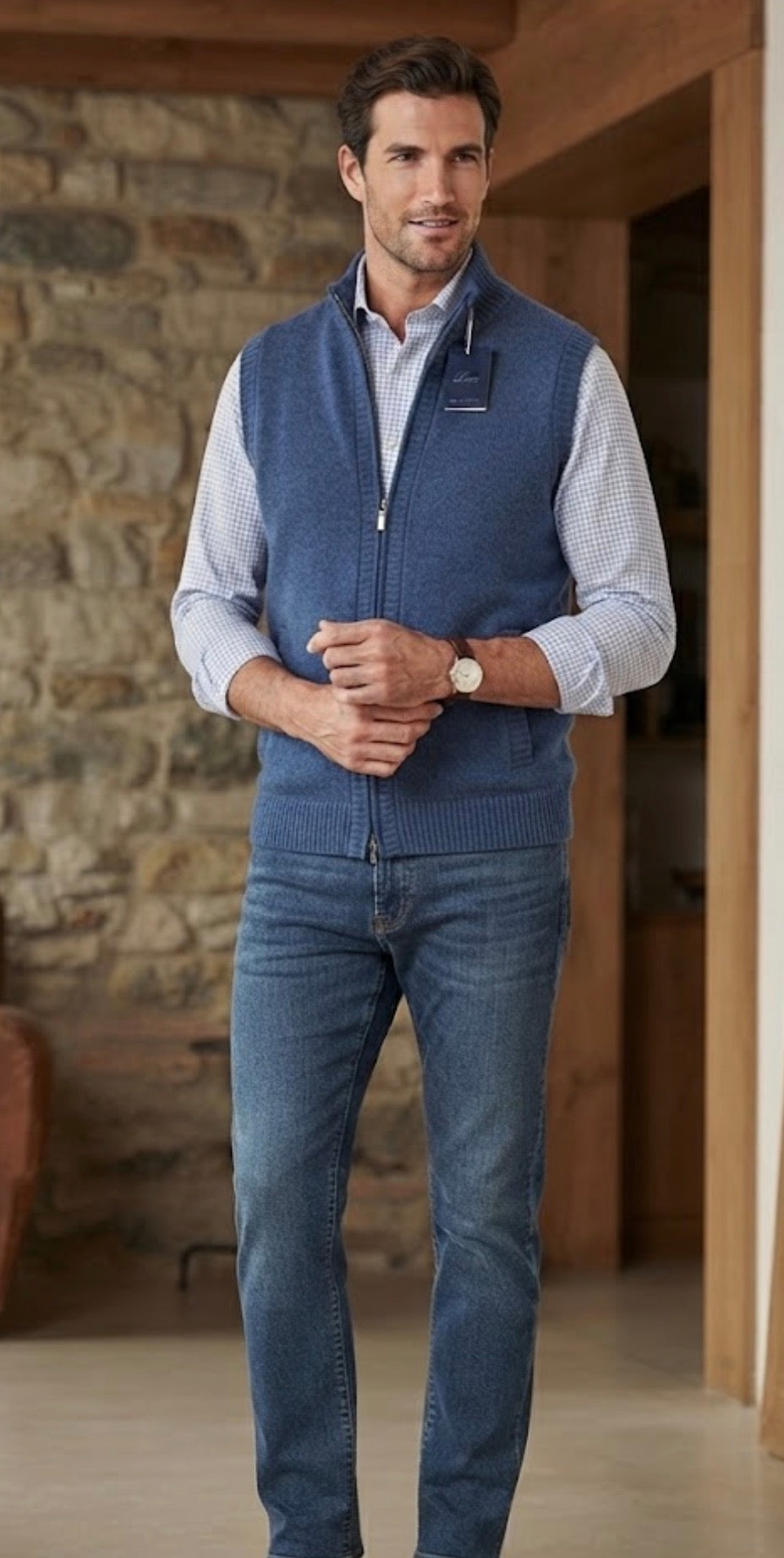 Smanicato uomo  Cashmere e lana Made in Italy Lanè blu con tasche 
