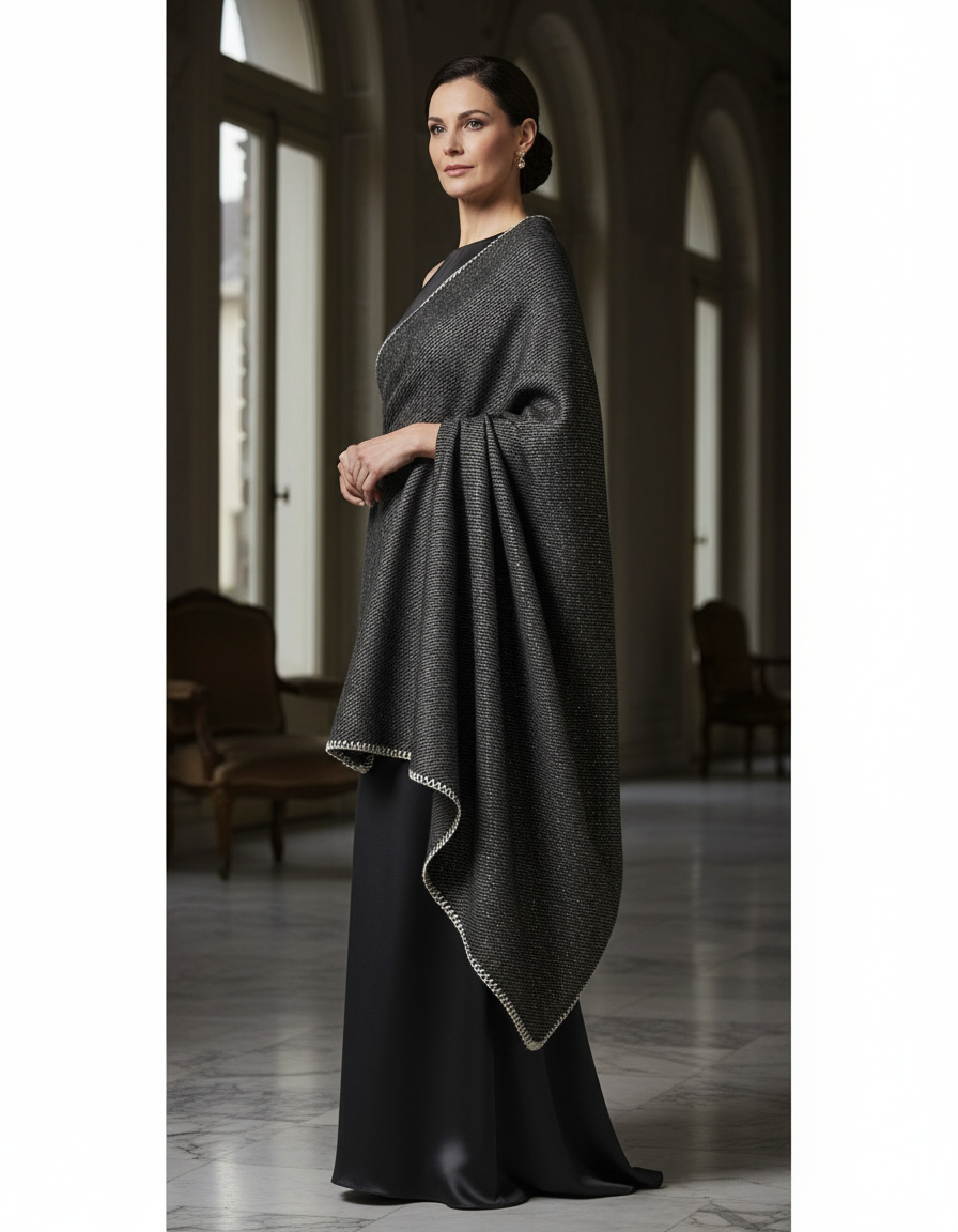 Stola donna Sciarpa grande  nero scialle in lana rasata