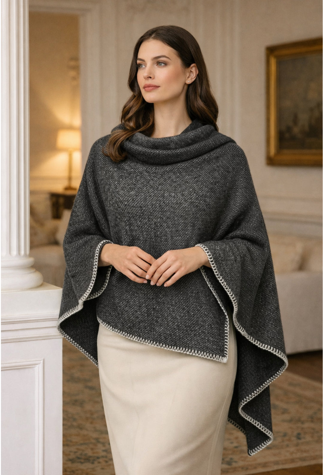 Stola donna in lana rasata scialle grande Nero