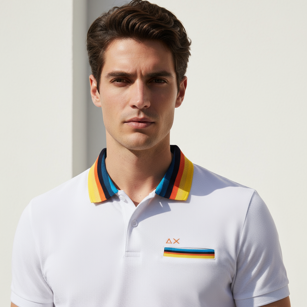 Sun 68 polo uomo bianco inserti fluo-primo-piano