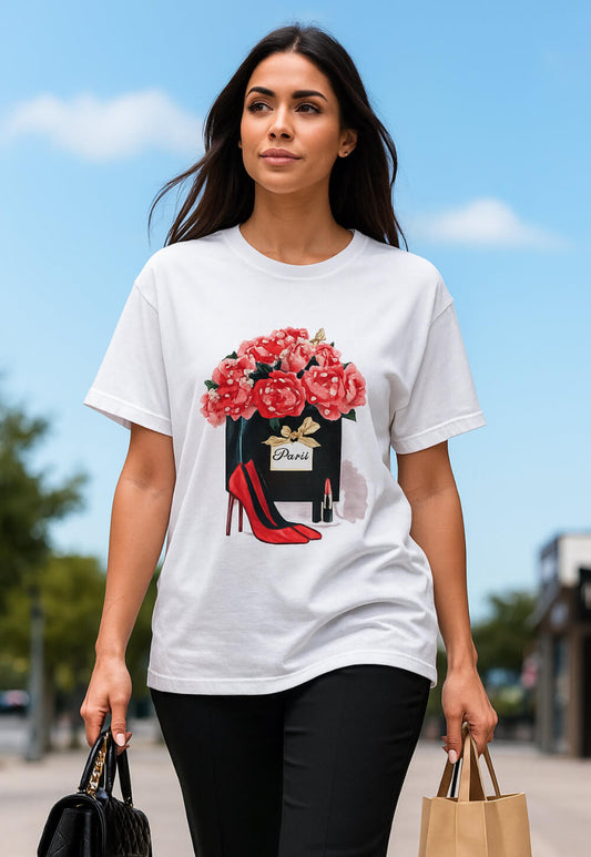 T-SHIRT BIANCO DONNA FANTASY ROSSETTO E FIORI