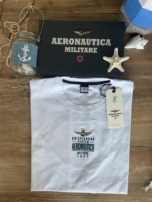 T-shirt Aeronautica Militare bianco uomo mezza manica con logo centrale in cotone , t-shirt estiva 