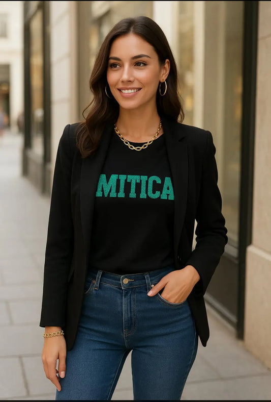 T-shirt donna nero girocollo manica corta , scritta Mitica in glitter verde tiffany