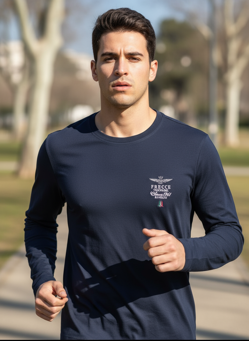 T-shirt uomo blu Aeronautica Militare Frecce Tricolori manica lunga, cotone girocollo