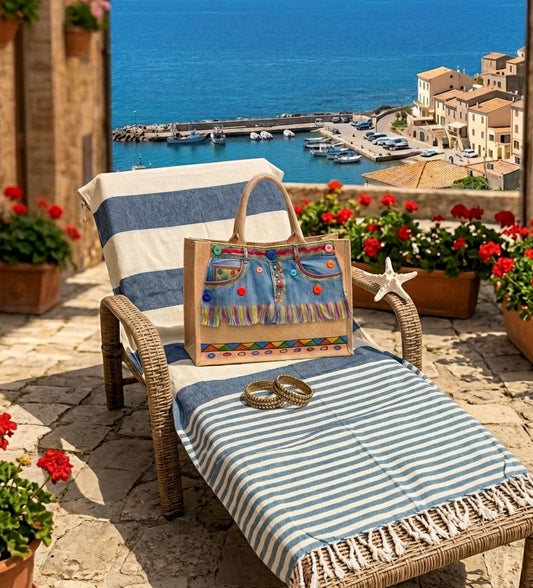 Telo mare Asciugamani  spiaggia 100% cotone blu e azzurro Eco