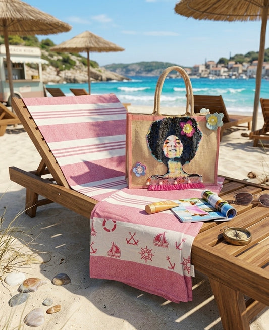 Telo Mare Unisex Cotone 100% con Tasche e Elastici - Rosa/Azzurro Made in Italy