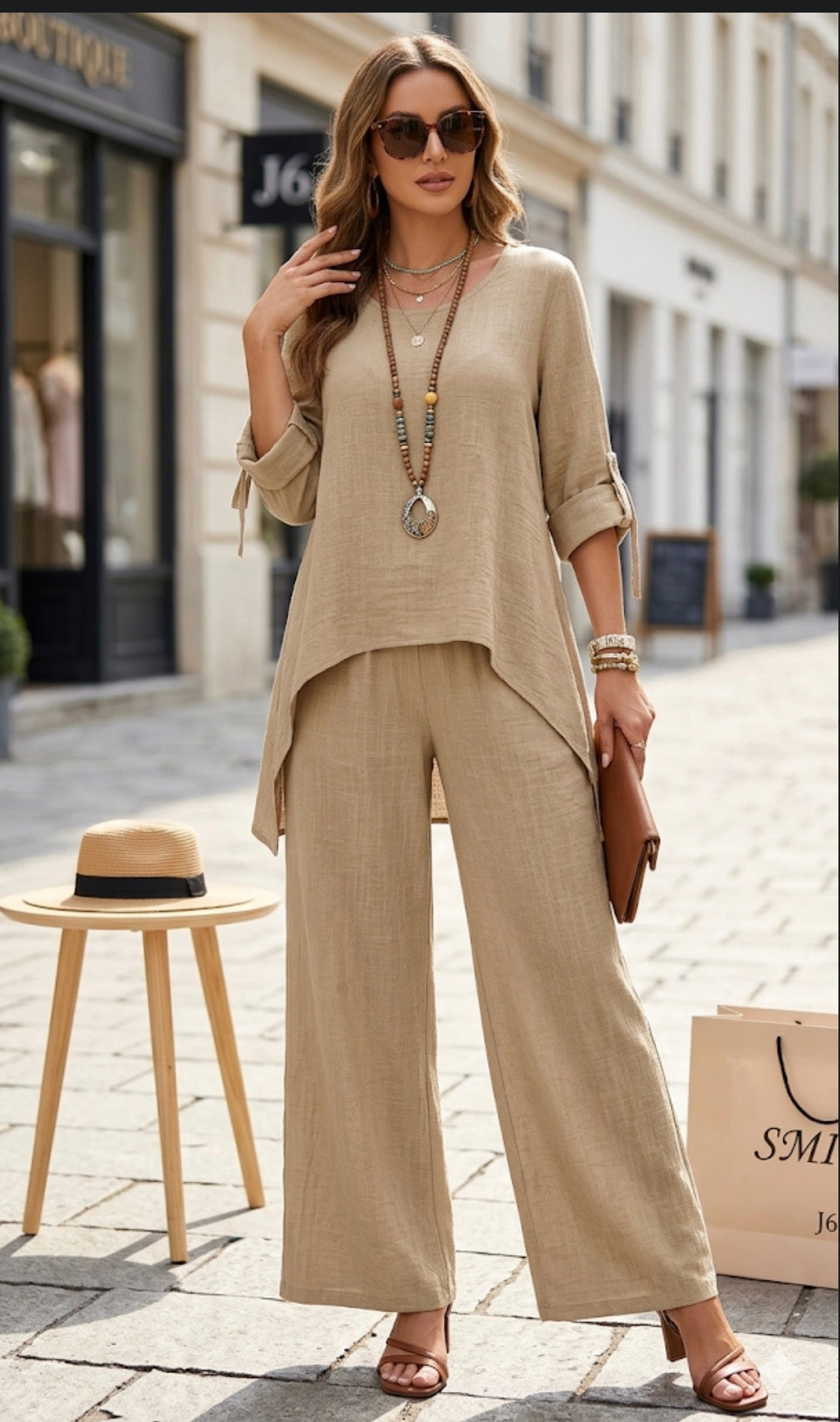 Tuta donna completo estivo maglia e pantalone a palazzo lino e viscosa elegante e leggera