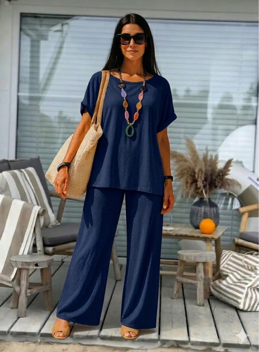 Tuta donna completo estivo blu maglia e pantaloni a palazzo 