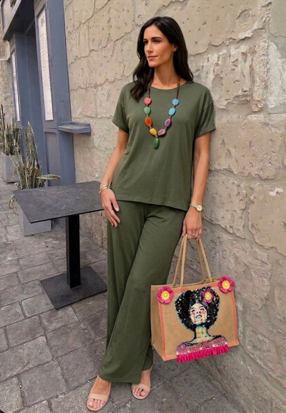 Tuta donna completo maglia girocollo e pantalone a palazzo