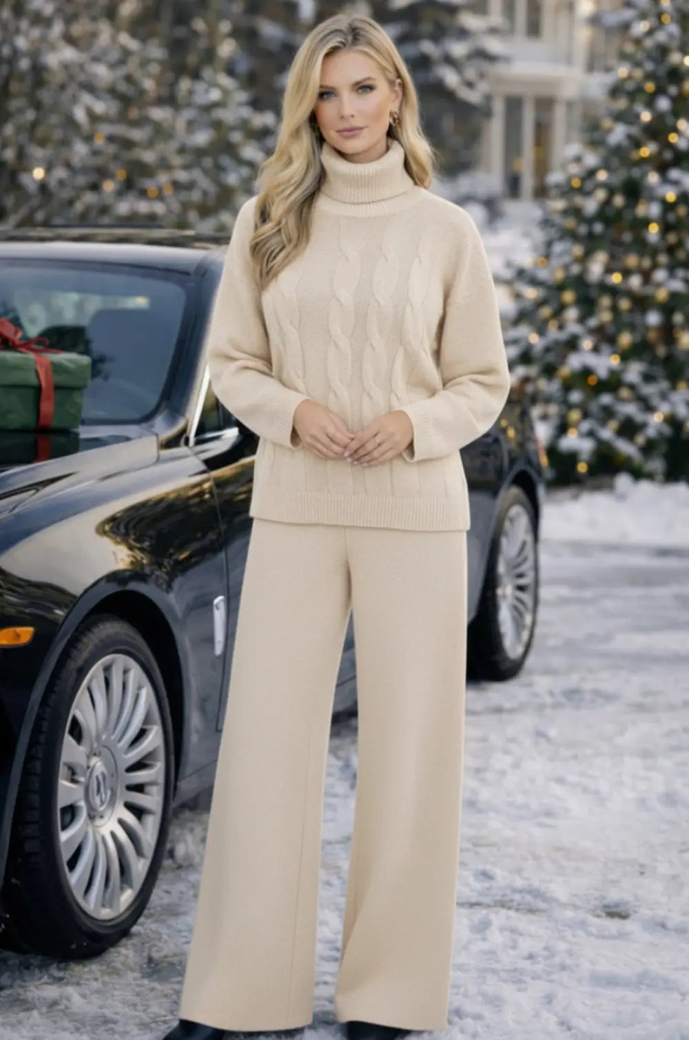 Tuta Donna Lana Rasata Completo Collo Alto Trecce Pantalone Palazzo Elegante