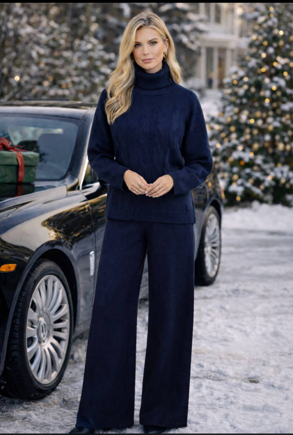 Tuta donna in lana rasata completo maglia collo alto trecce e pantaloni a palazzo blu