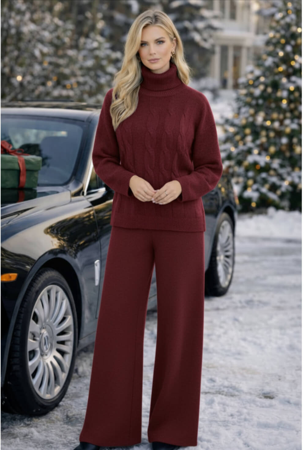 Tuta donna in lana rasata completo maglia collo alto trecce e pantaloni a palazzo bordeaux