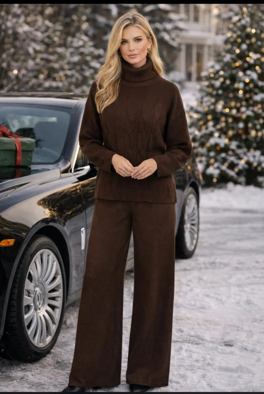 Tuta donna in lana rasata completo maglia collo alto trecce e pantaloni a palazzo marrone