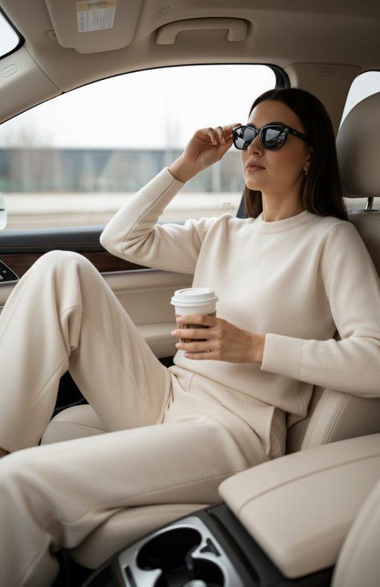 Tuta donna in lana rasata completo maglia e pantaloni a palazzo panna 