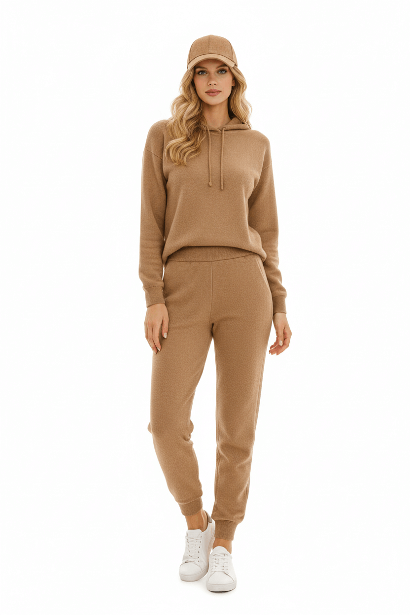 Tuta donna in lana rasata completo maglia e pantaloni colore biscotto