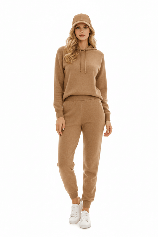 Tuta donna in lana rasata completo maglia e pantaloni colore biscotto